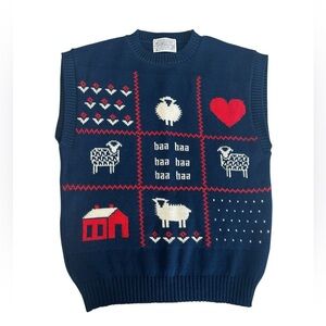 VTG 80s Pendleton Baa Baa baa Sheep Tic Tac Toe Wool Sweater Vest Navy Small